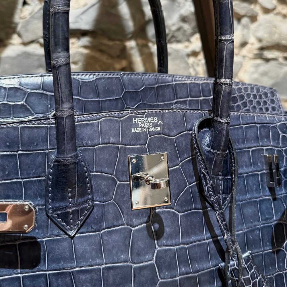 Hermès 2010 Brighton Blue Shiny Porosus Crocodile Birkin 35 Bag - Picture 3 of 16